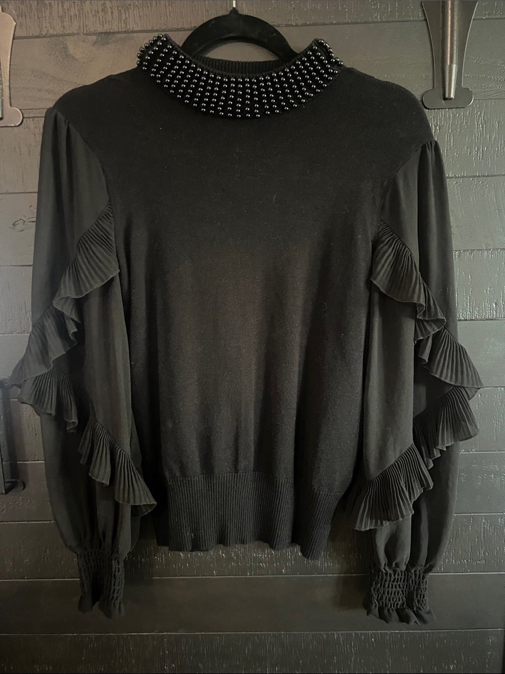 Black Beaded Collar Ruffle Sleeve Blouse
